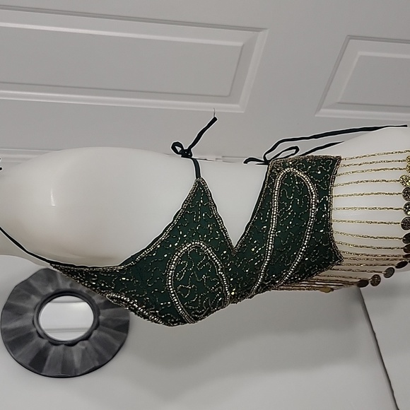 Gypsy Green and Gold Beaded Butterfly Halter 3 Tie Women's Top Size Small - Picture 7 of 11